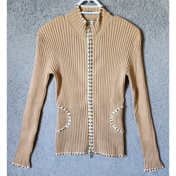 Vtg Y2K Cache Women's L Long Sleeve Zip Up Ribbed Stretch Top Rhinestones Beige - Picture 1 of 12